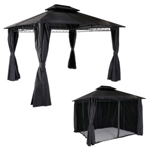 MCW Hardtop Pergola M81, grau, 3,6x3m mit Dach, Seitenwand und Moskitonetz.