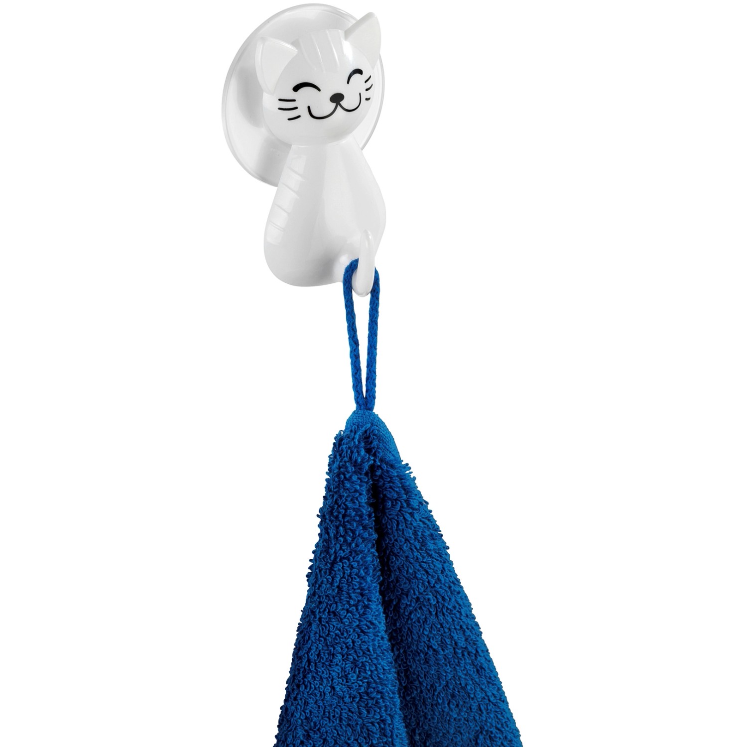 Wenko Saughaken Katze, weiß, mit blauem Handtuch. Niedlicher Handtuchhalter für Bad und Küche.