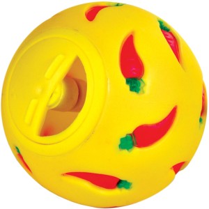 Gelber Trixie Snackball aus Kunststoff, 7 cm Durchmesser, mit Chili-Motiv und verstellbarer Futterausgabe.