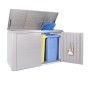 Biohort HighBoard 200 Quarzgrau-Metallic Gartenbox mit Mülltonnen und geöffnetem Deckel.