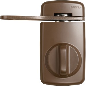 Braunes Abus Tür-Zusatzschloss 7030 mit Sperrbügel für Türsicherheit.