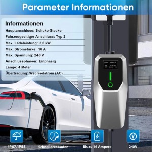 Junsun EV Ladegerät 3.5kW, 4m Kabel, Typ 2, lädt Elektroauto. Display, wasserdicht, 6-16A.