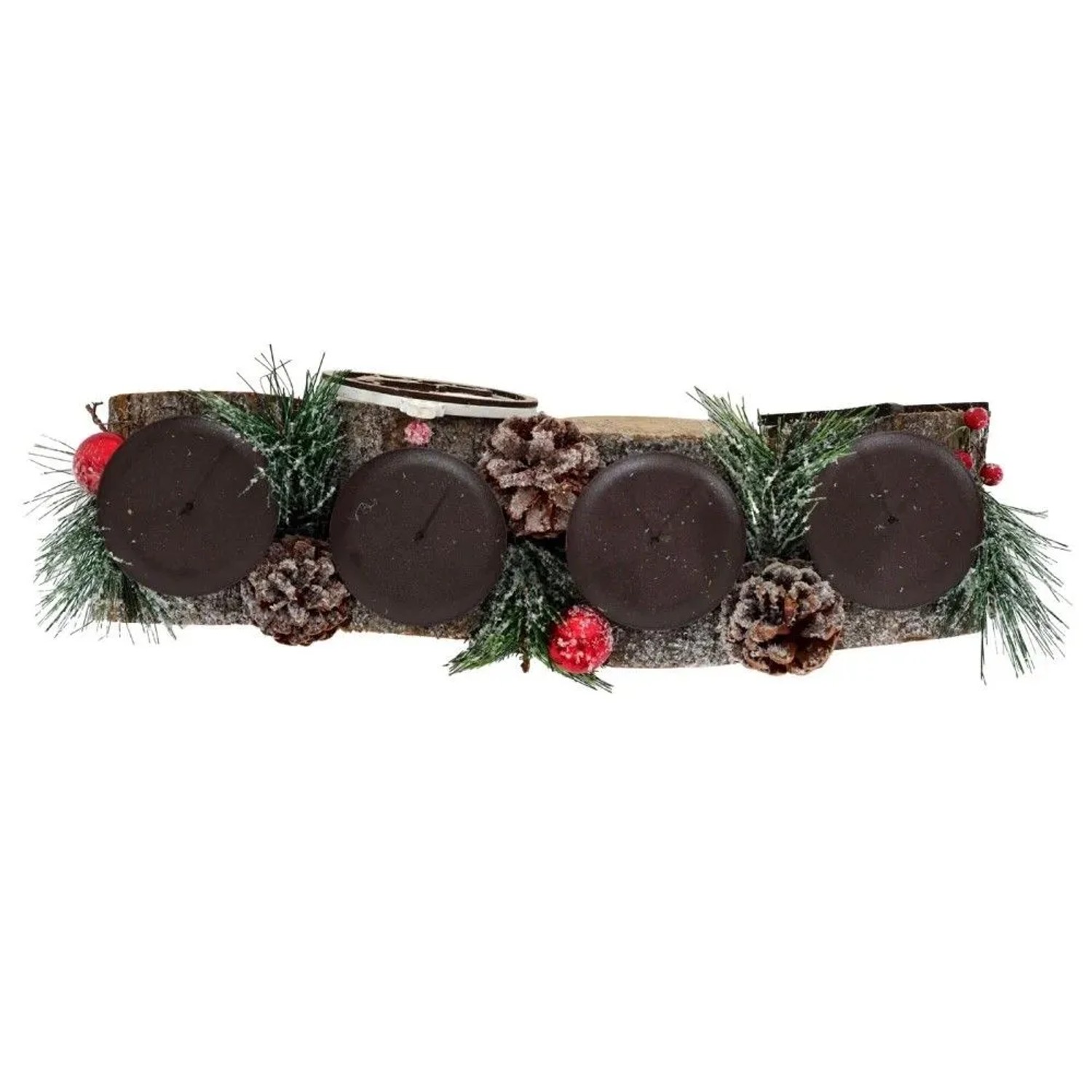 Adventsgesteck aus Holz mit vier Kerzenhaltern, Tannenzweigen, Kugeln und Zapfen.