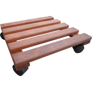 Eckiger Pflanzenroller, Mahagoni-Braun, 30x30 cm, mit Rollen zum einfachen Verschieben von Pflanzen.