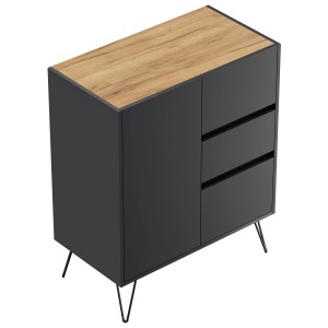 Posseik Sideboard Industrial K, Grafit/Eiche, 80 cm breit, mit 1 Tür und 3 Schubladen.