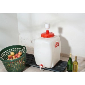 Rechteckiges Getränkefass Comfort 60 l aus Kunststoff mit Gärglocke und Auslaufhahn.