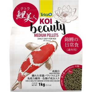 Tetra Koi Beauty Medium Teichfutter, 4 l Packung mit Koi-Motiv und Pellets.