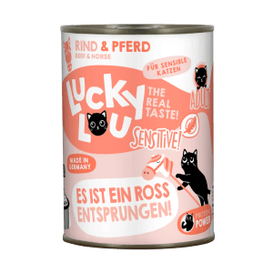 Lucky Lou Katzen-Nassfutter Sensitiv Rind & Pferd, 400g Dose für sensible, ausgewachsene Katzen.