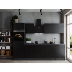 Schwarze Respekta Küchenzeile Oliver, 280 cm, mit Elektrogeräten und Arbeitsplatte in Granitoptik.