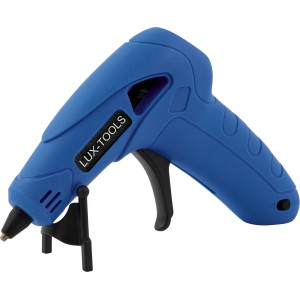 Blaue LUX Akku-Heißklebepistole mit schwarzem Abzug und Standfuß.