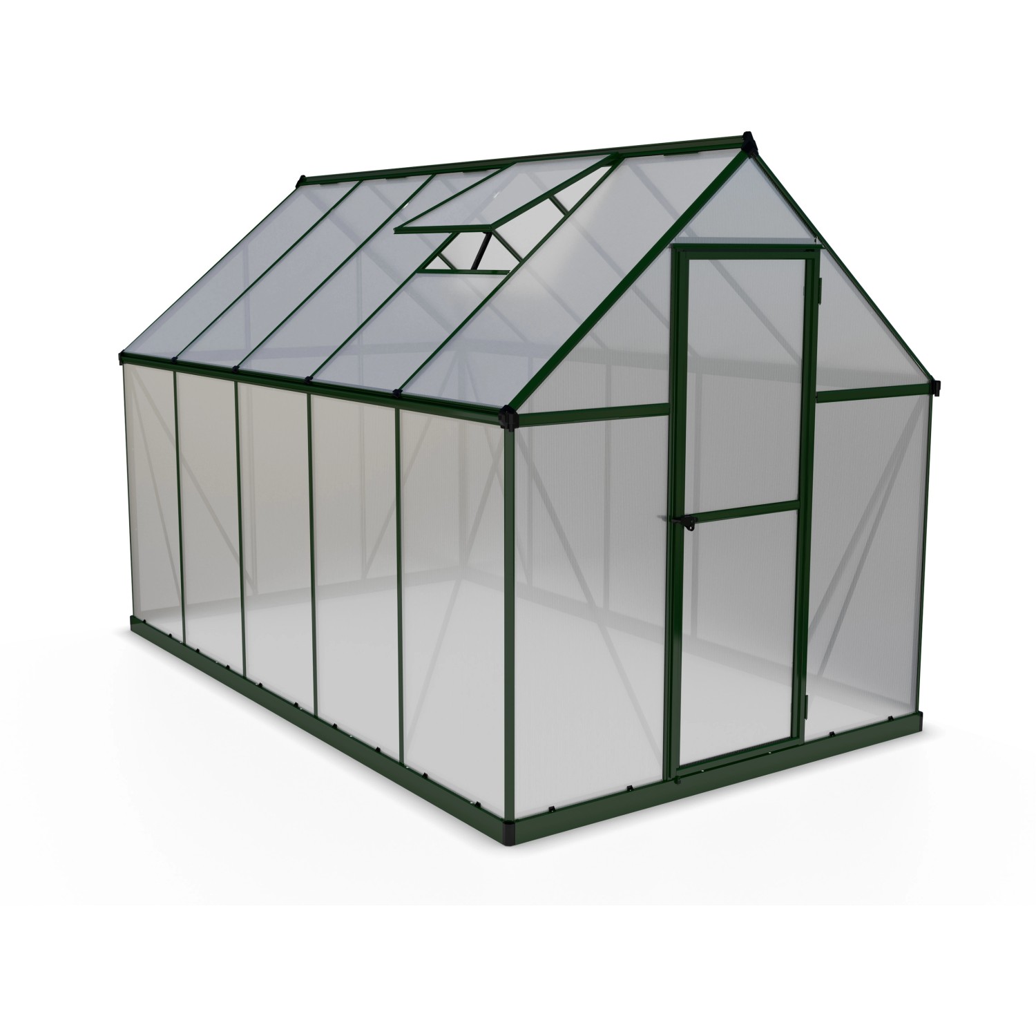 CANOPIA Gewächshaus Mythos 5,7 m² mit Fundamentrahmen, Hohlkammerplatten und Dachfenster.