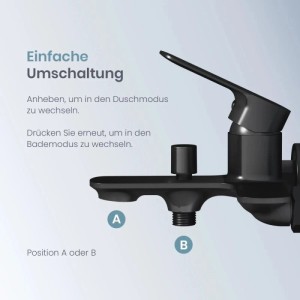Schwarze Emke Wannenarmatur: Nahaufnahme des Ziehumstellers für einfachen Wechsel zwischen Dusch- und Bademodus.