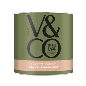 Dose V&CO Premium Innenfarbe Dead Flat Matt Orange Farbton 2,5l. Bunte Wandfarbe in gedecktem Hellbraun.