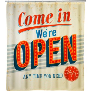 Wenko Anti-Schimmel Duschvorhang Vintage Open, 180x200 cm, mit Retro "Come in We're Open" Schriftzug.