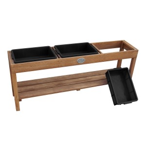 Axi Sand- und Wassertisch mit 3 schwarzen Behältern aus dunkelbraunem Holz, ideal für Kinder.