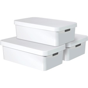 Curver Infinity Box 3er Set, 30L, weiße Aufbewahrungsboxen mit Deckel, gestapelt.