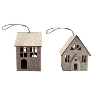 Boltze Deko-Anhänger Neyla, 2-fach sortiert, beige, aus Holz und Polyester, Haus-Form.