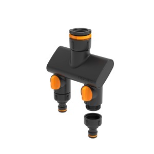 Fiskars 2-Wege-Ventil On/Off Comfort, schwarz-orange, für Sprinkler-Systeme.