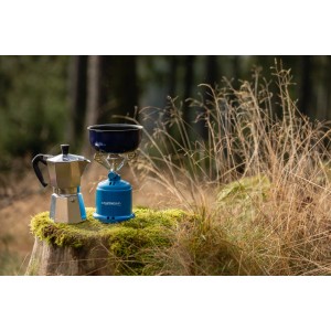Campingaz C 206 GLS Stechkartusche mit Gaskocher und Espressokocher im Outdoor-Einsatz.