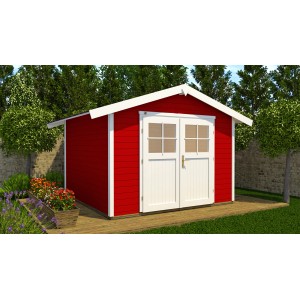 Weka Gartenhaus 122 in Schwedenrot mit Satteldach und Doppeltür. Holz-Gartenhaus für den Garten.