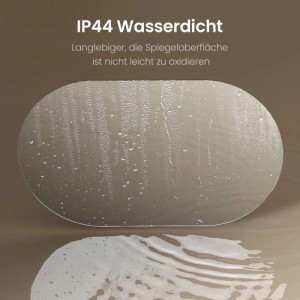 Emke ovaler Badspiegel mit Wassertropfen, demonstriert IP44 Wasserdichtigkeit und Oxidationsschutz. Langlebiger Wandspiegel.