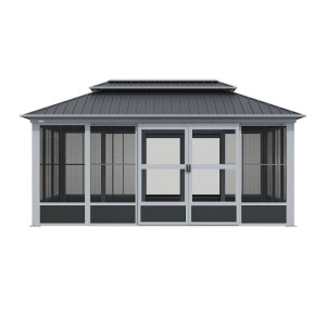 Sojag Pavillon Olan 1017, grau-schwarz, mit Doppeldach, Schiebetüren und Moskitonetzen.