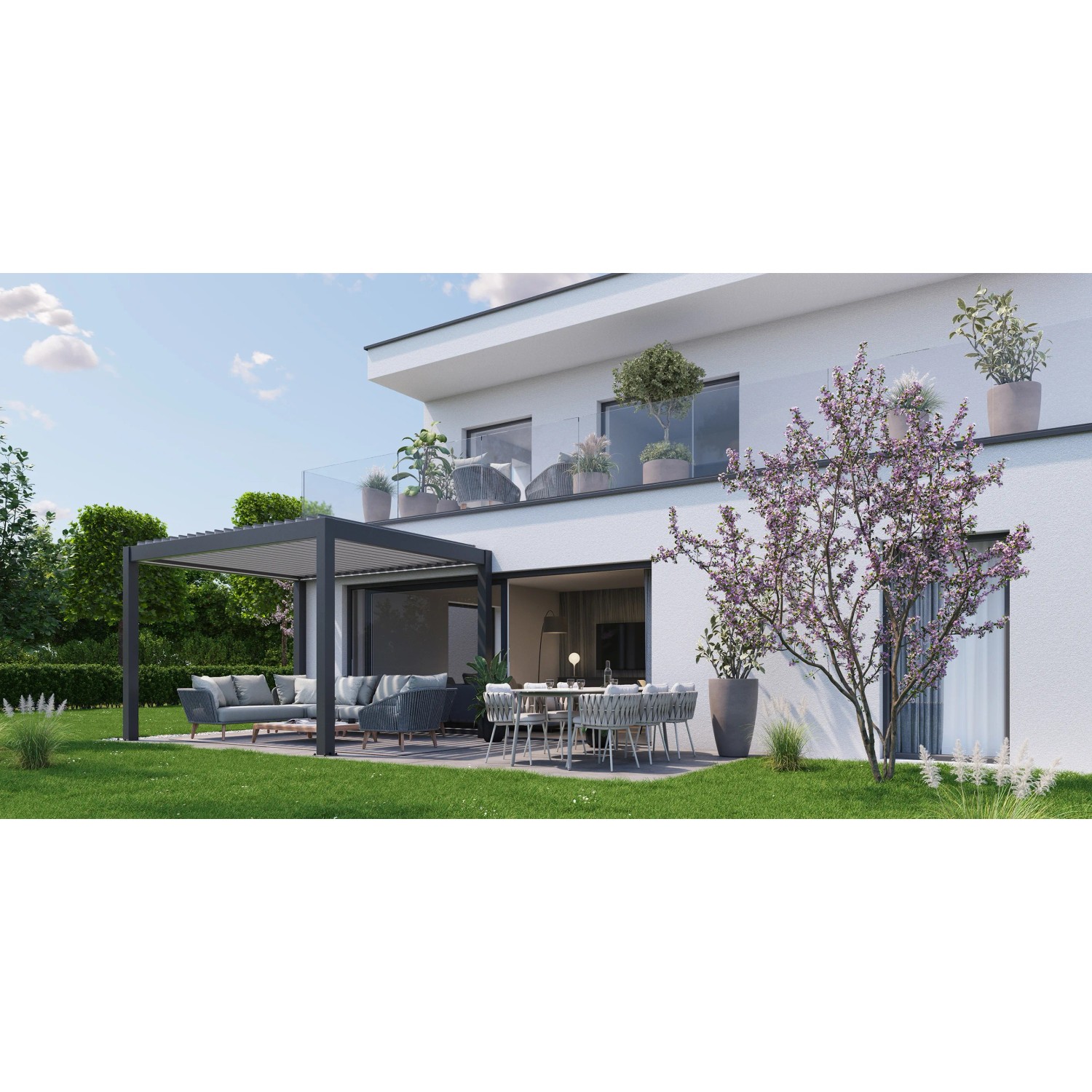 Dunkelgraue Biohort Pergola als Terrassenüberdachung mit Gartenmöbeln vor modernem Haus.