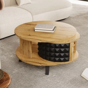 Runder Couchtisch in Naturholzoptik mit schwarzer, drehbarer Ablage und schwarzen Beinen. Moderner Drehtisch für Wohnzimmer.