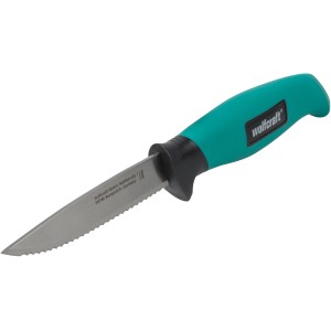 Wolfcraft Outdoormesser mit gezahnter Klinge und grünem Griff.