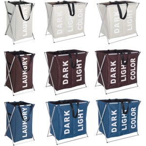 Wenko Wäschesammler Trio, 3 Fächer, grau, braun und blau, mit Aluminiumgestell. Wäschekorb zur Vorsortierung.