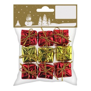 9 Deko-Geschenkpäckchen (rot, gold) mit goldenen Bändern, 2,5 cm, für Weihnachtsbaum und Adventskranz.