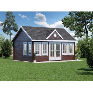 Unbehandeltes Alpholz Gartenhaus Clockhouse-XL mit Satteldach im Garten.