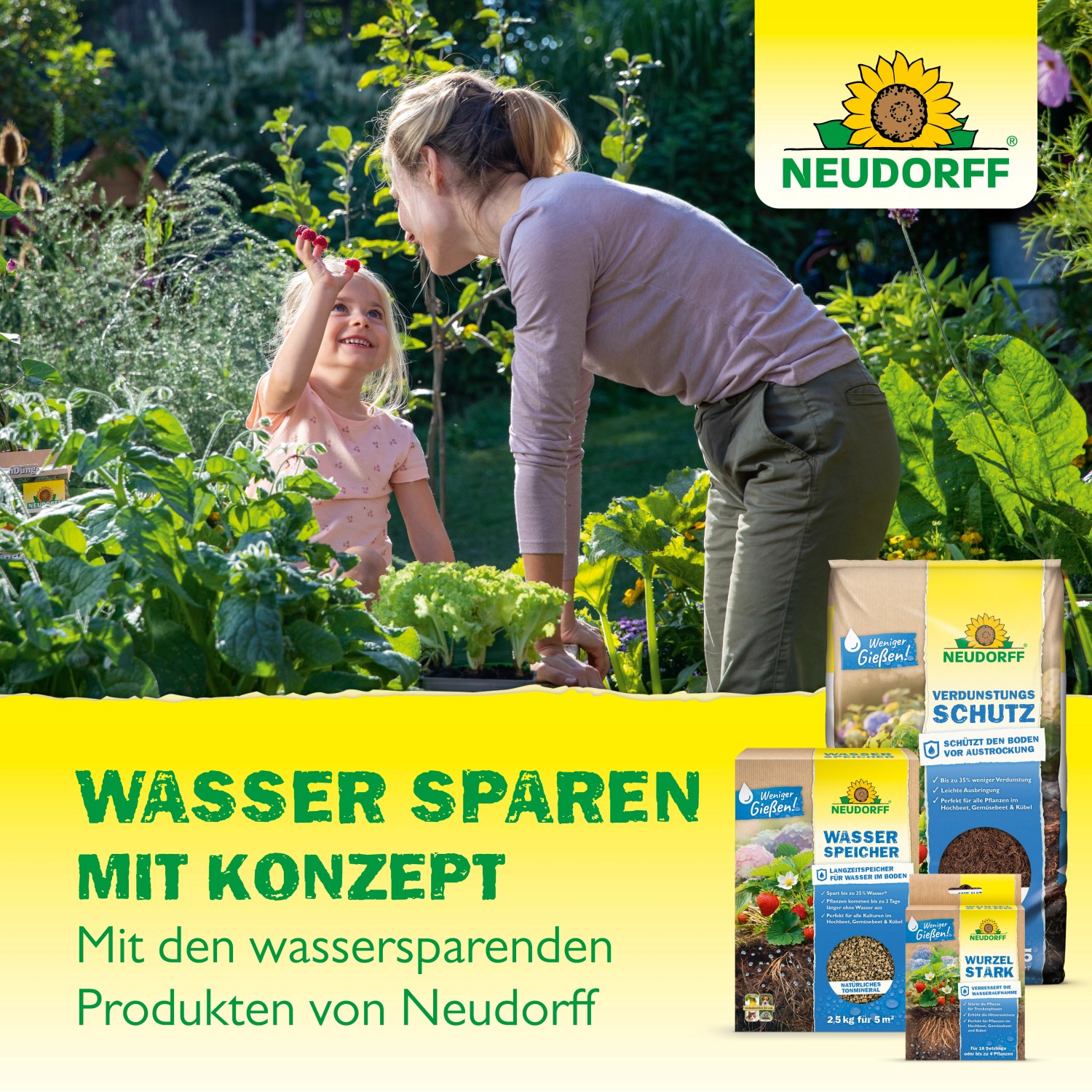 Neudorff Wasserspeicher mit Mutter und Kind im Garten, schützt vor Austrocknung.