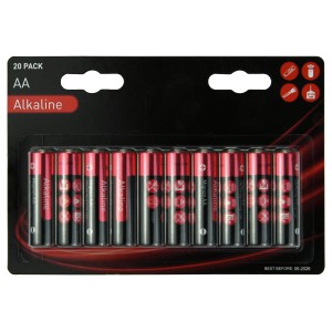 20er-Pack Alkaline AA Mignon Batterien, rot und schwarz.