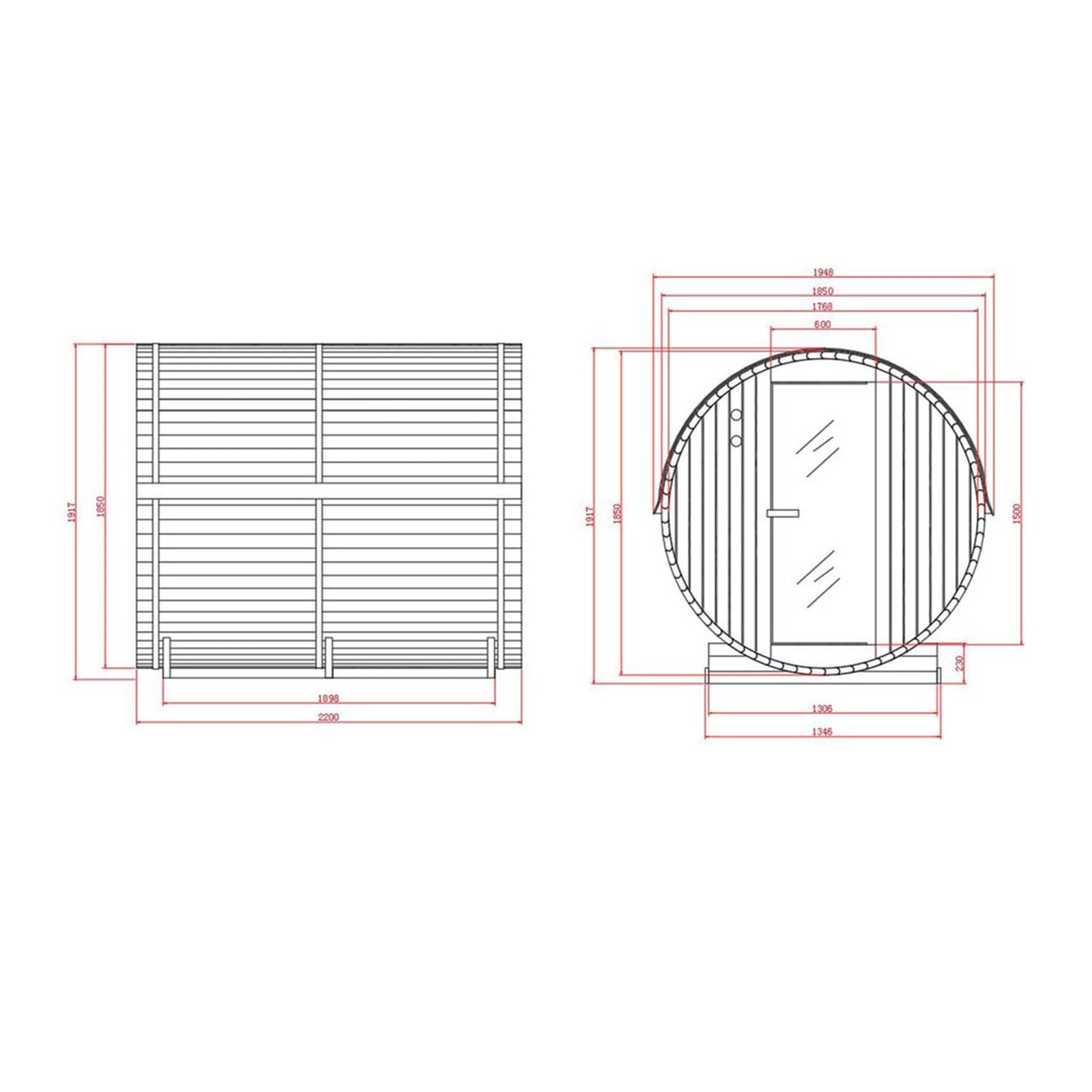 Technische Zeichnung der Home Deluxe Fasssauna Lahti Deluxe XL mit Maßen.