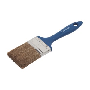 LUX Flachpinsel Lasuren 60 mm mit blauem Griff und braunen Borsten.