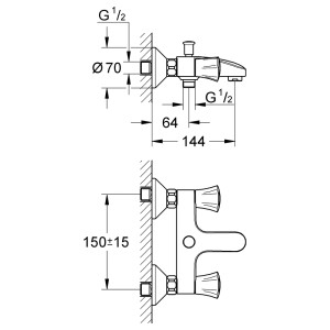 Technische Zeichnung: Grohe Costa Zweigriff-Wannenarmatur DN 15 mit Maßen für die Wandmontage.