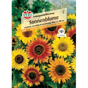 Samenpackung Sperli Sonnenblumen Farbenpracht Mischung mit gelben und rotbraunen Blüten.