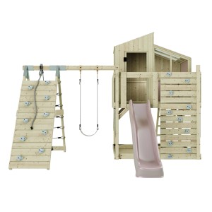 Kinderspielturm mit Rutsche, Kletterwand und altrosa Kinderschaukel.