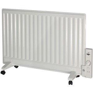 Weißer El Fuego Elektro-Ölradiator mit 800 W Leistung, mit Rollen und Thermostatregler.