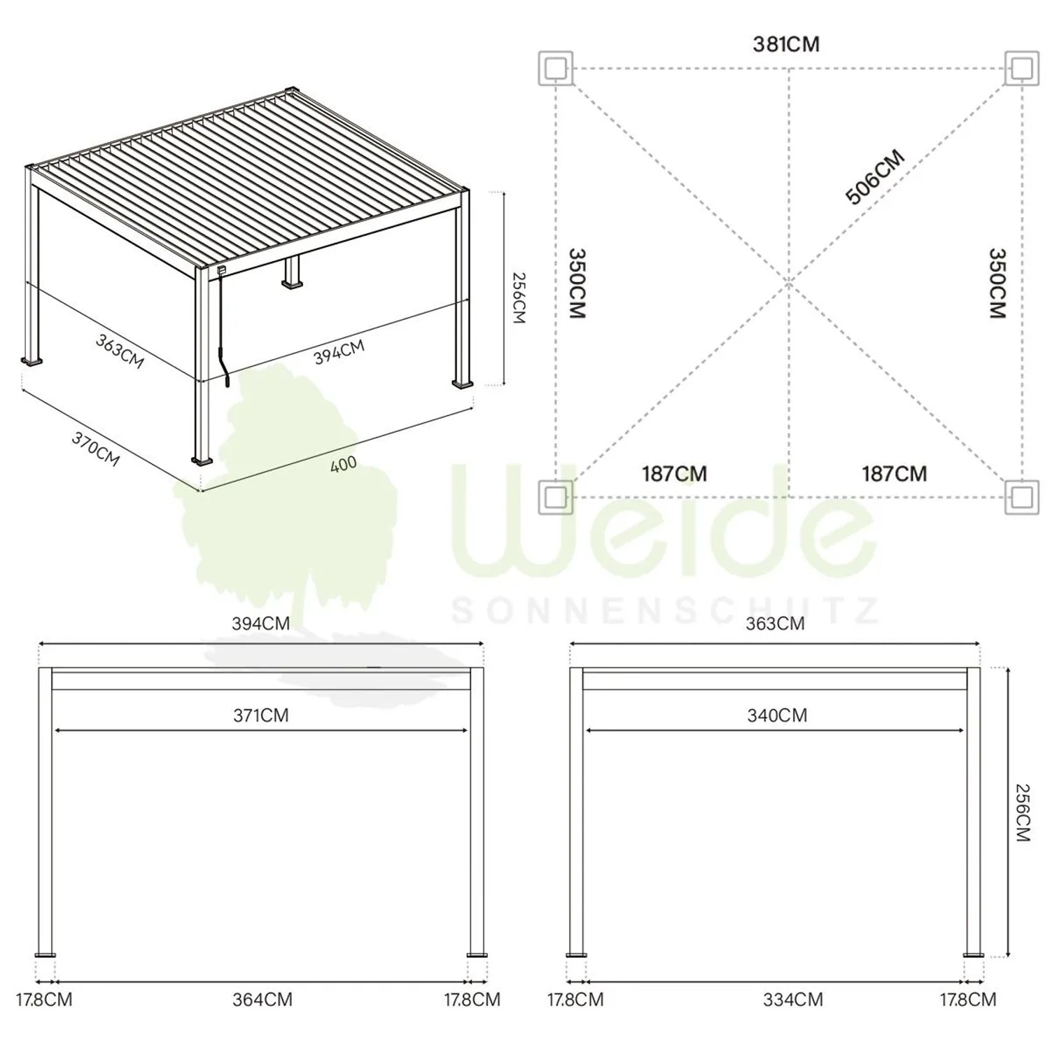 Maßzeichnung der Weide Elektrischen Pergola Deluxe Aluminium 3,6x4m. Detaillierte Ansichten mit allen Abmessungen des Lamellendachs.