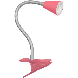 Pinke LED-Klemmleuchte von jedi mit flexiblem Arm für Schreibtisch oder Werkbank.