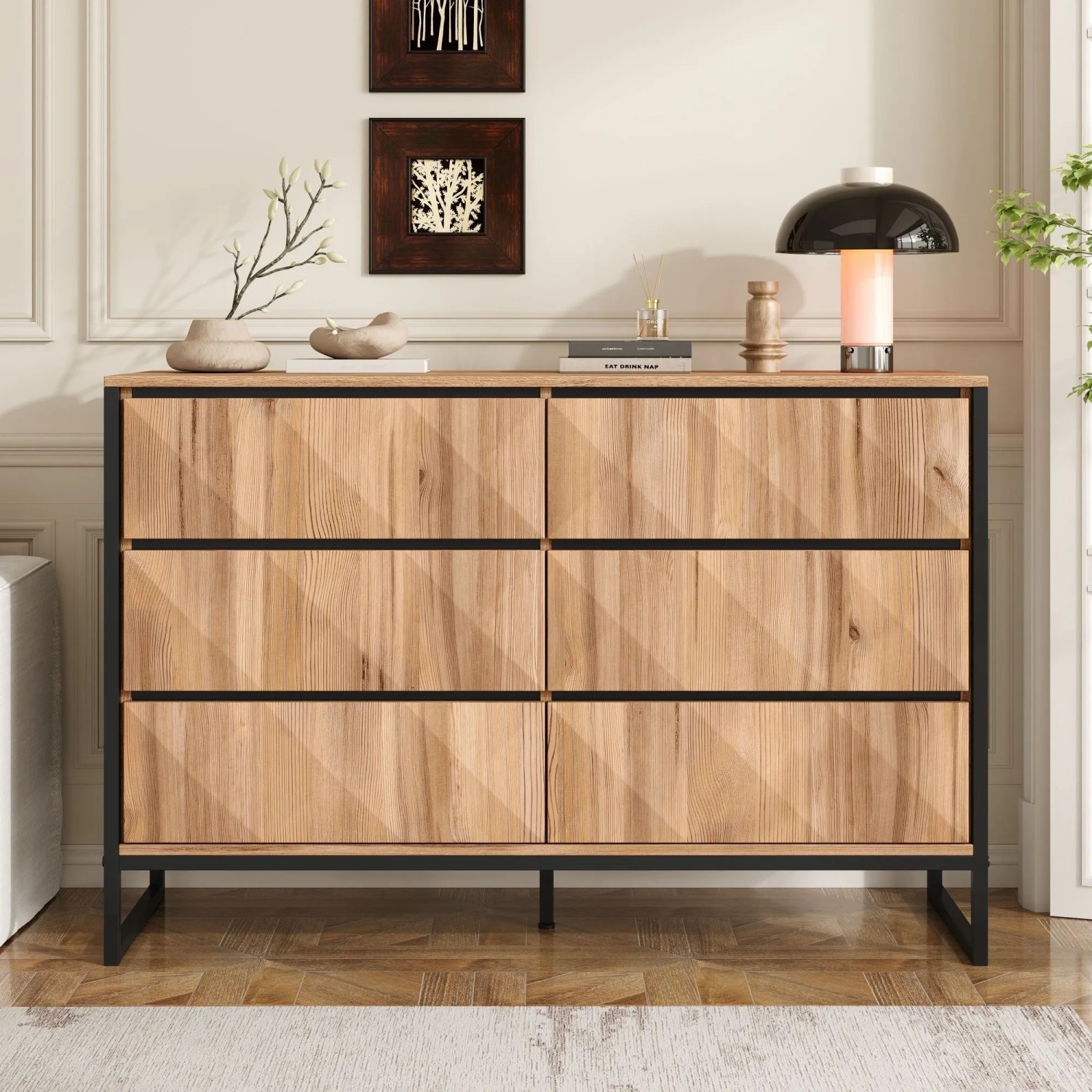 okwish Sideboard mit Metallbeinen Erhöhten Türen Wohnzimmer 120x40x80cm Schwarz Natur_4
