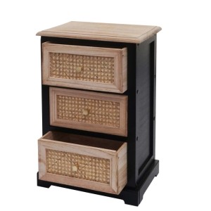 MCW Kommode K87, schwarz/naturfarben, mit drei Schubladen und Rattanfronten.