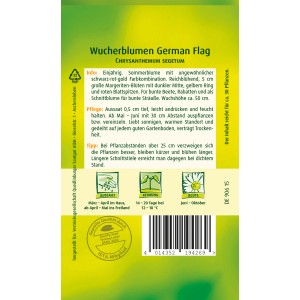 Samentüte Quedlinburger Wucherblume 'German Flag' mit schwarz-rot-goldenen Blüten.