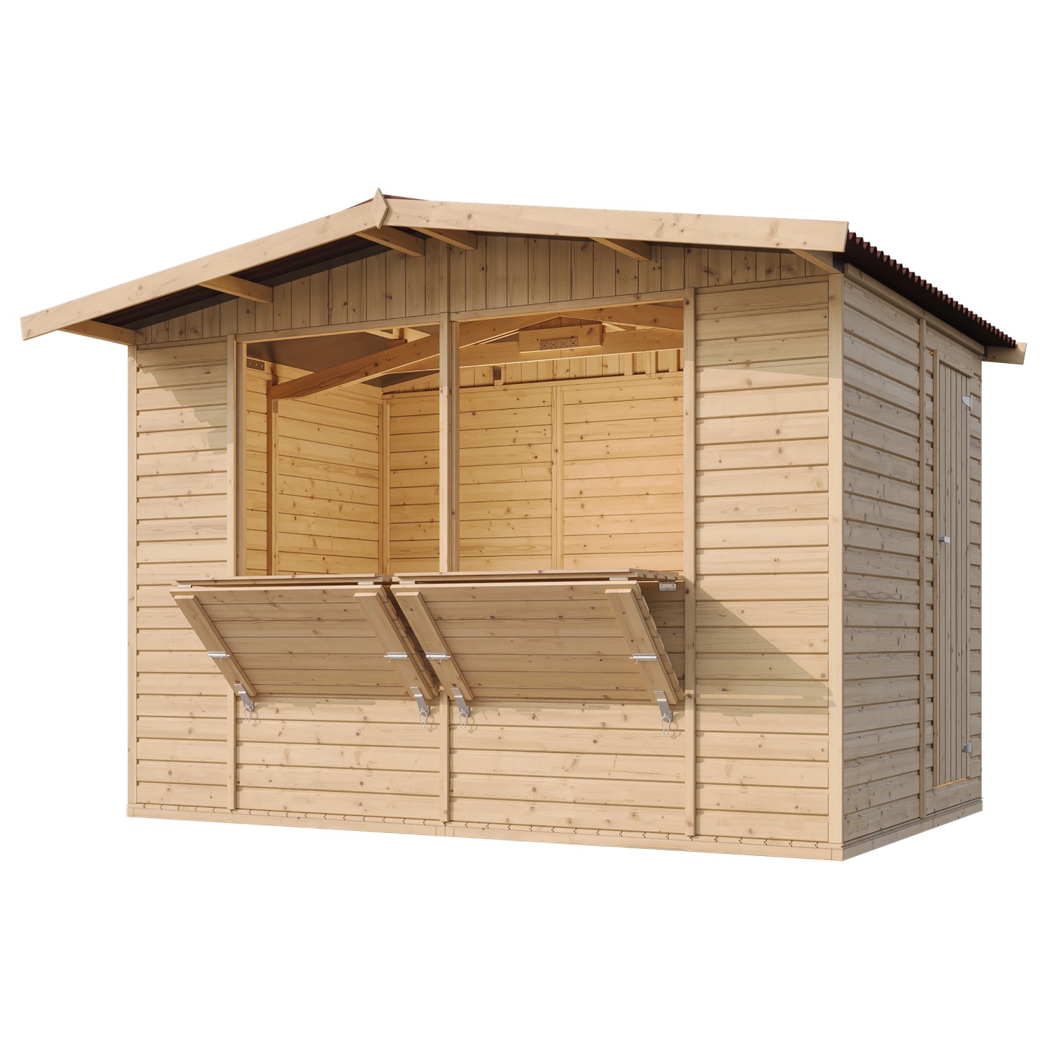 Timbela Marktbude Holz M150 6,03  m² mit 2 Theken und Stauraum_4