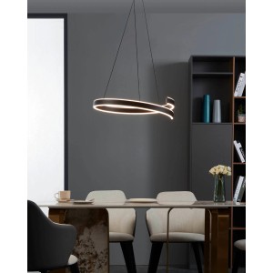 Moderne Eglo LED-Hängeleuchte Andabaia-Z in Schwarz und Weiß über Esstisch.