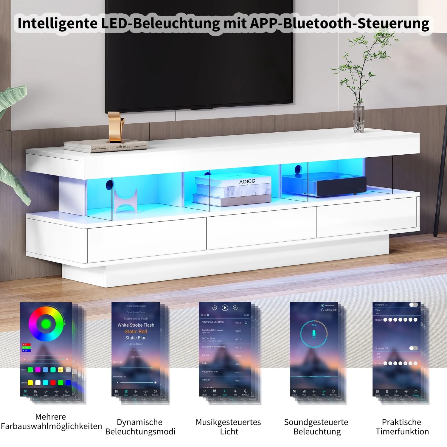 okwish TV Schrank LED Hochglanz Glas App Steuerung Wohnzimmer 70 Zoll 160x38x50cm Weiß_7