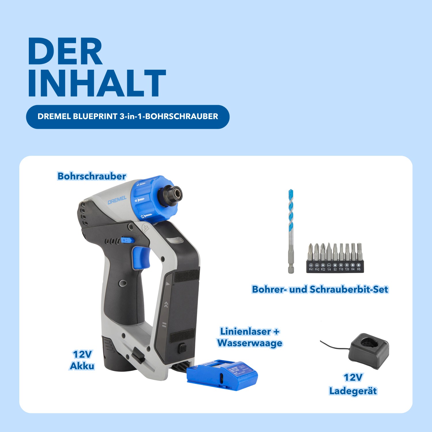 Dremel Akku-Bohrschrauber DD12V-S1 Set mit Akku, Ladegerät, Bohrer, Schrauberbits und Linienlaser.