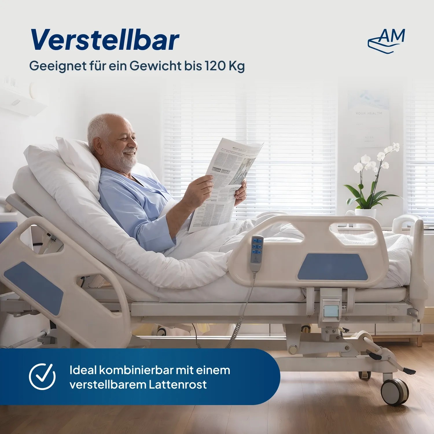 AM Qualitätsmatratze Dekubitus Prophylaxe 90x200 cm im Pflegebett mit Patient.